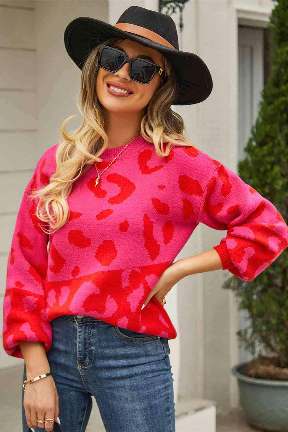 Woven Right Leopard Round Neck Dropped Shoulder Sweater - Deals DejaVu