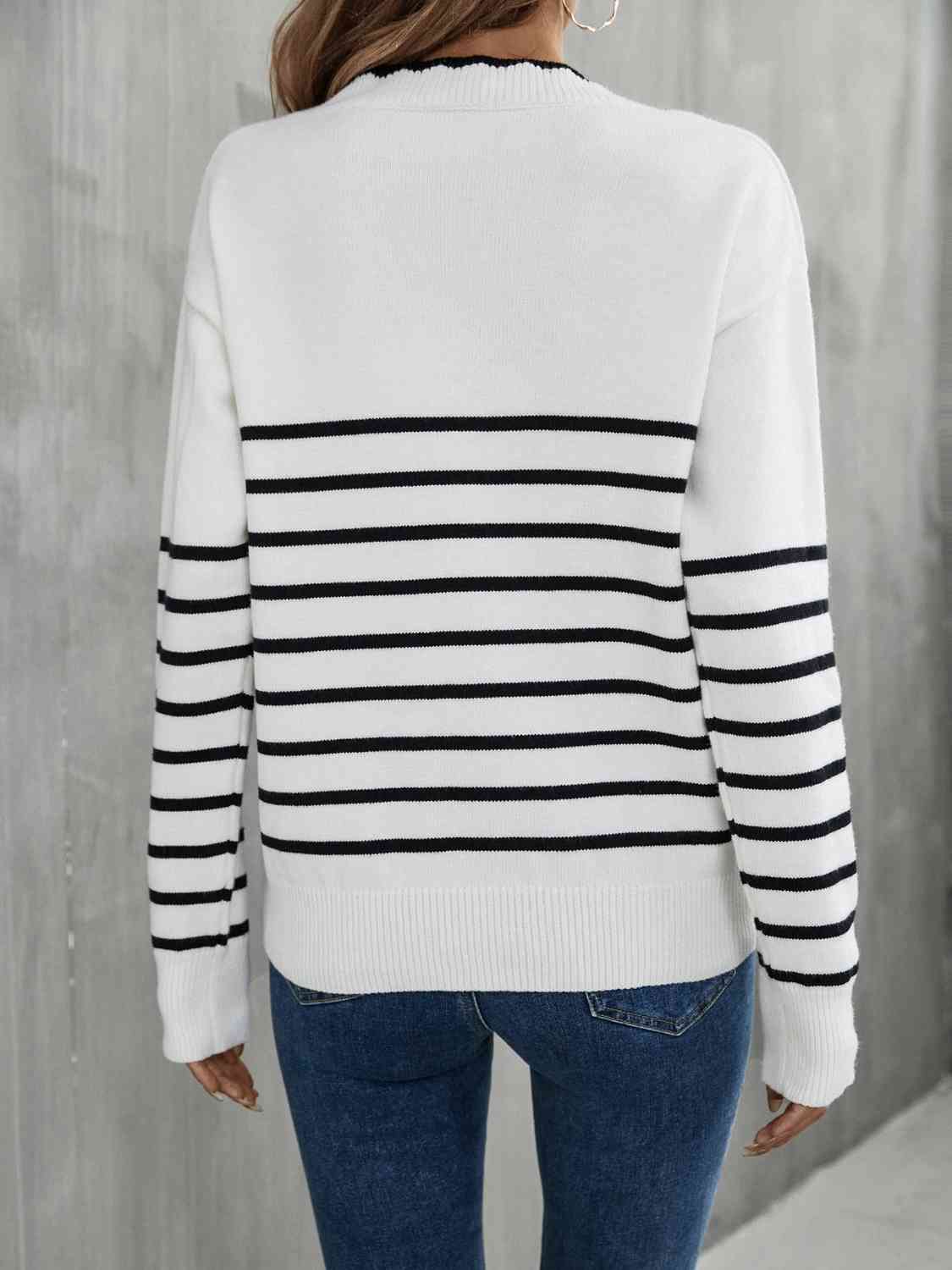 Striped V-Neck Drop Shoulder Sweater - Deals DejaVu