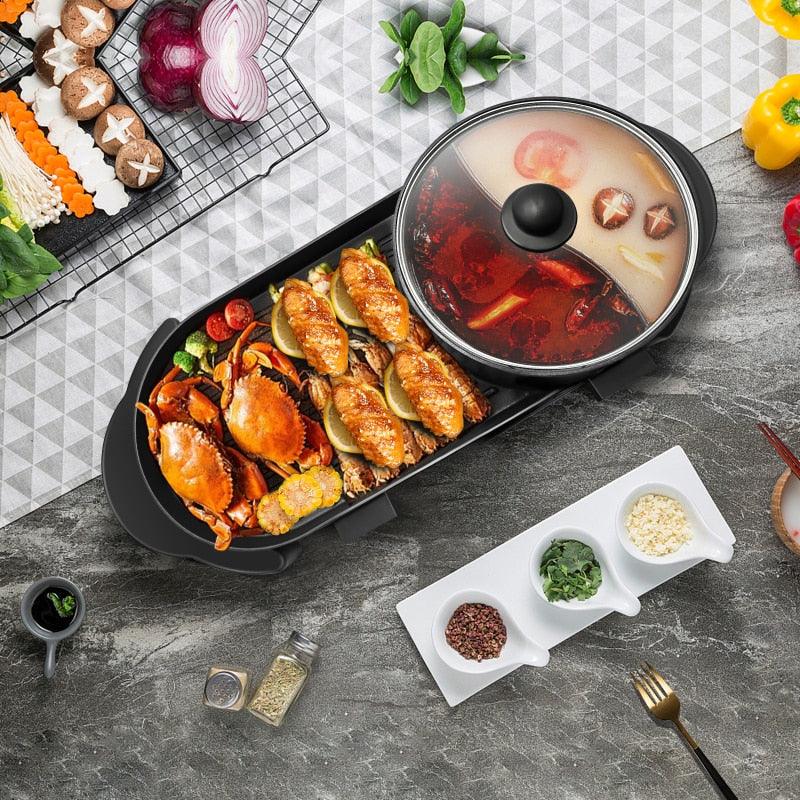 2 in 1 10V Electric Hot Pot Oven Smokeless Barbecue Machine - Home BBQ Grills Indoor Roast Meat Dish Plate Multi Cooker US plug (2H1)(F59)