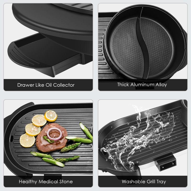 2 in 1 10V Electric Hot Pot Oven Smokeless Barbecue Machine - Home BBQ Grills Indoor Roast Meat Dish Plate Multi Cooker US plug (2H1)(F59)