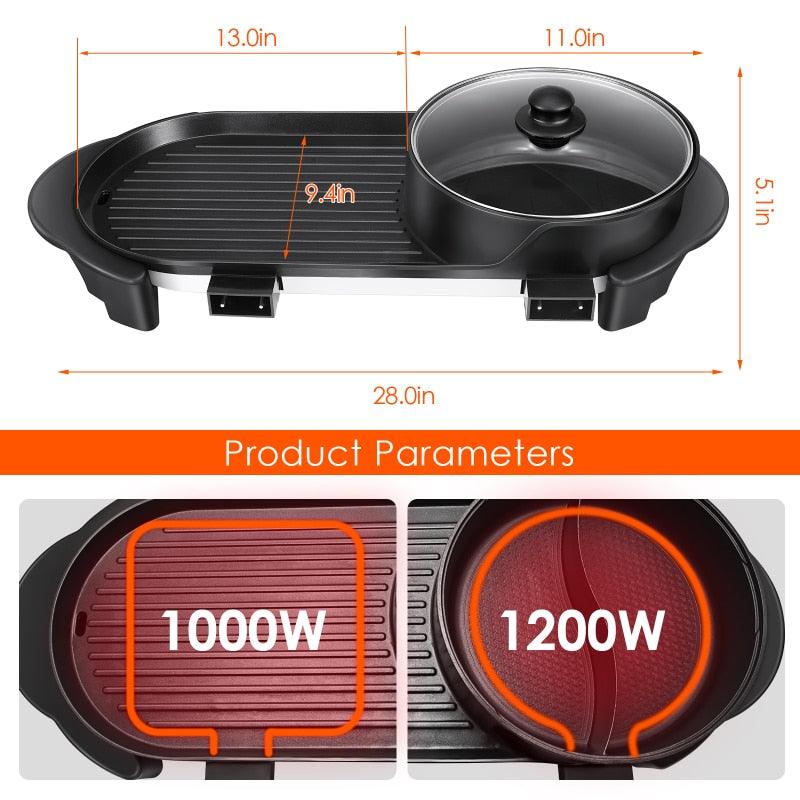2 in 1 10V Electric Hot Pot Oven Smokeless Barbecue Machine - Home BBQ Grills Indoor Roast Meat Dish Plate Multi Cooker US plug (2H1)(F59)
