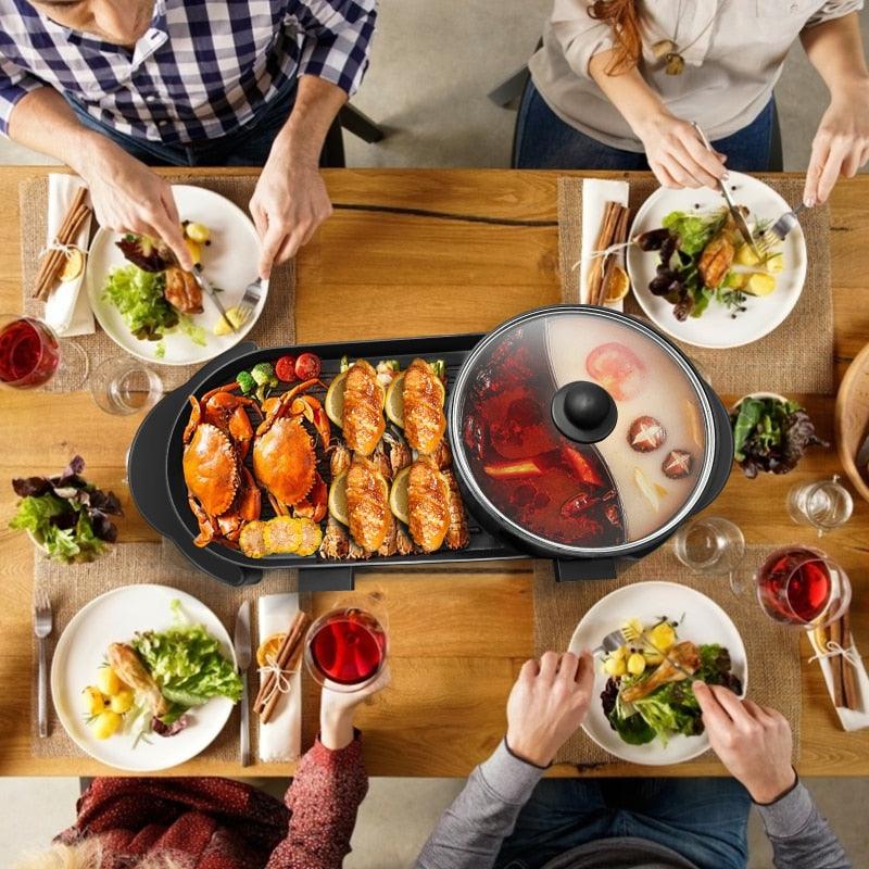 2 in 1 10V Electric Hot Pot Oven Smokeless Barbecue Machine - Home BBQ Grills Indoor Roast Meat Dish Plate Multi Cooker US plug (2H1)(F59)