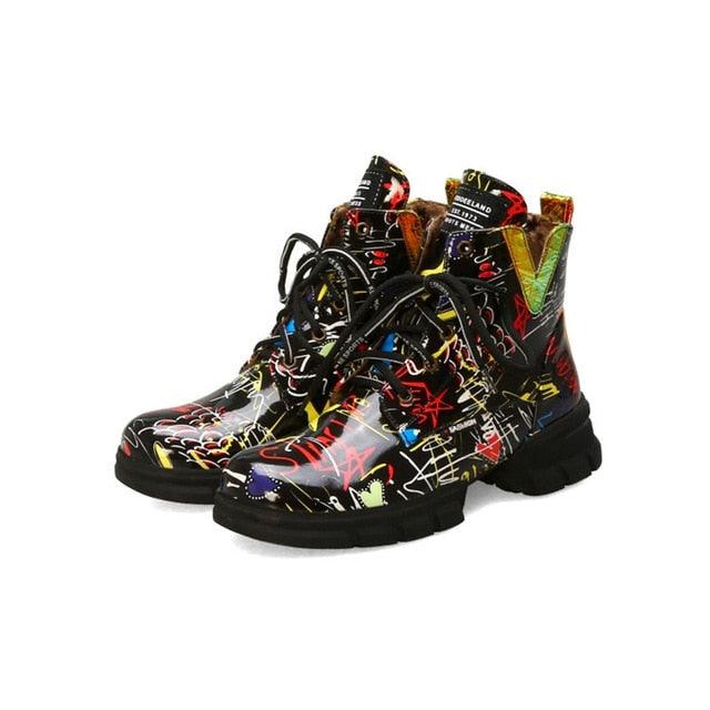 Trending British Style Graffiti Thick Boots - Women Short Boots (BB1)(BB5)(CD)