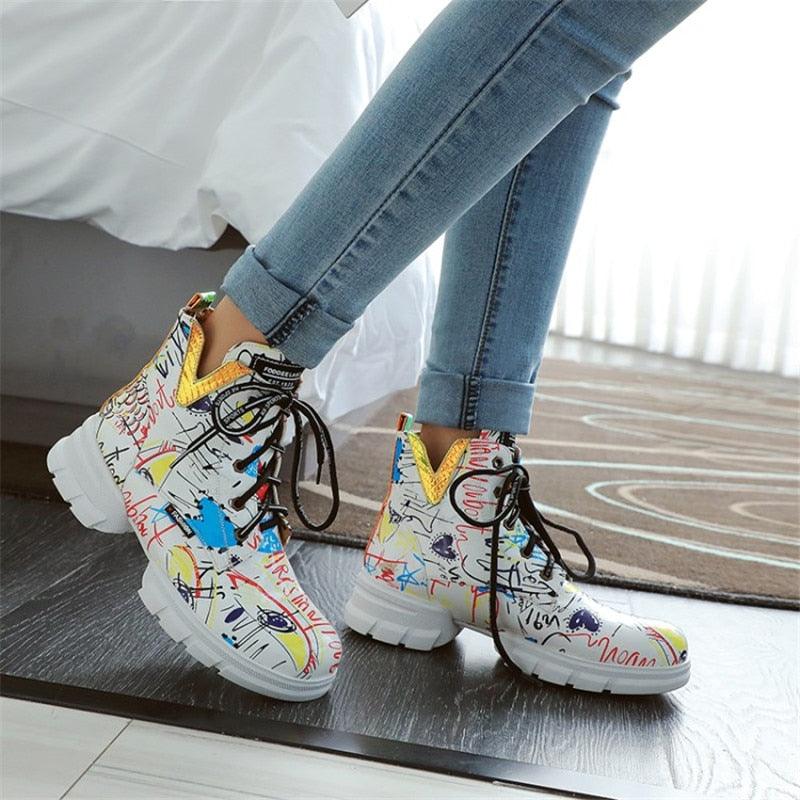 Trending British Style Graffiti Thick Boots - Women Short Boots (BB1)(BB5)(CD)