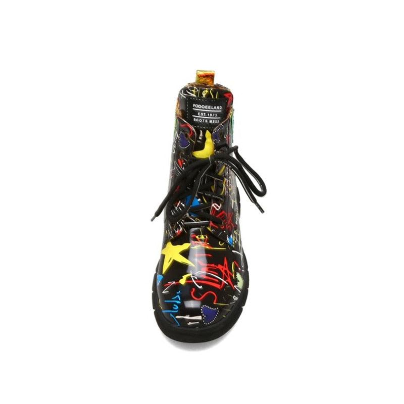 Trending British Style Graffiti Thick Boots - Women Short Boots (BB1)(BB5)(CD)