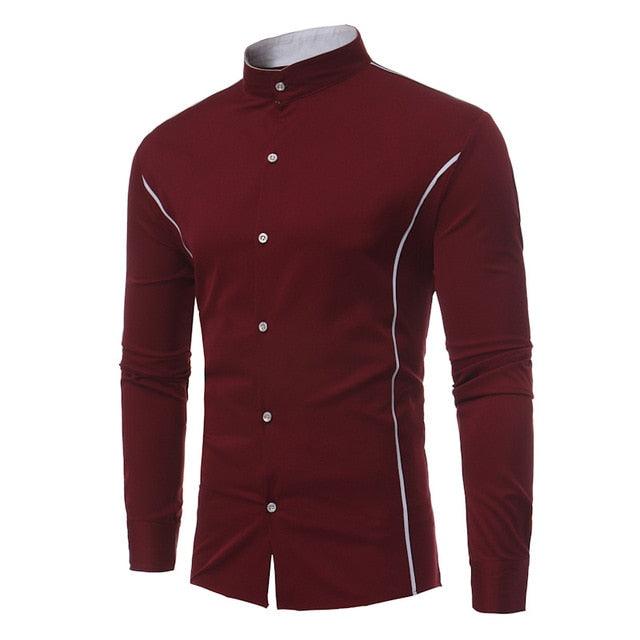 Great Men's Autumn Shirt - Long Sleeve Stand Collar - Casual Patchwork Slim Fit Business Shirt (1U8)(1U11)