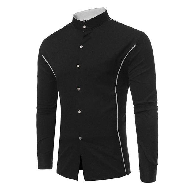Great Men's Autumn Shirt - Long Sleeve Stand Collar - Casual Patchwork Slim Fit Business Shirt (1U8)(1U11)