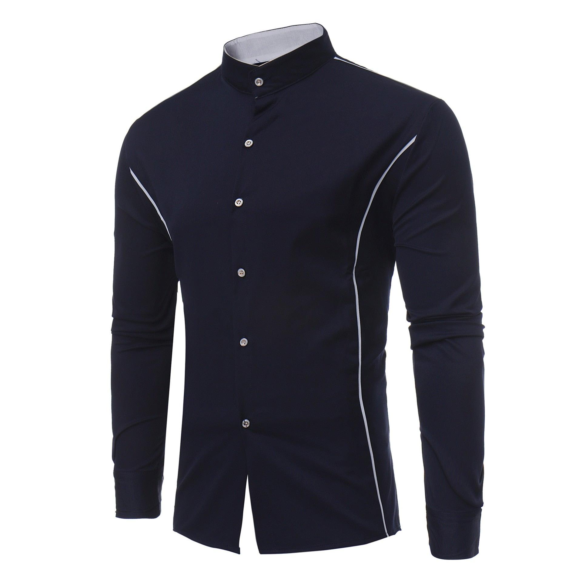 Great Men's Autumn Shirt - Long Sleeve Stand Collar - Casual Patchwork Slim Fit Business Shirt (1U8)(1U11)