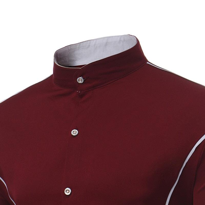 Great Men's Autumn Shirt - Long Sleeve Stand Collar - Casual Patchwork Slim Fit Business Shirt (1U8)(1U11)