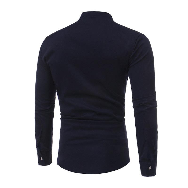 Great Men's Autumn Shirt - Long Sleeve Stand Collar - Casual Patchwork Slim Fit Business Shirt (1U8)(1U11)