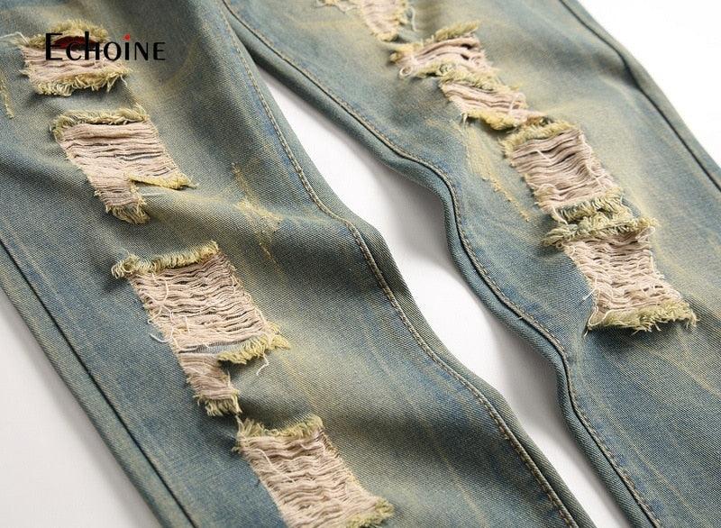 New Men's Casual Jeans - Men's Slim Straight Pleated Biker Jeans Pants (2U9)