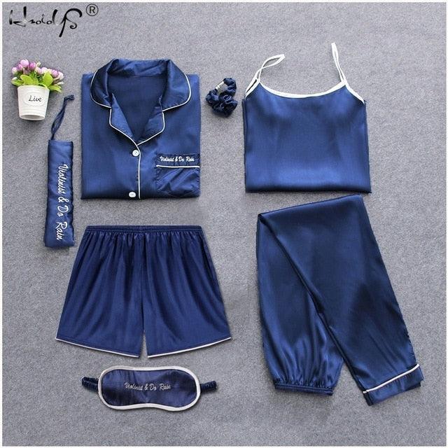 Amazing Sexy Spring Summer 7 Pieces Pajamas Sets - Women Silk Satin Pajama Soft Sleepwear (ZP1)(F90)