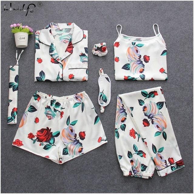 Amazing Sexy Spring Summer 7 Pieces Pajamas Sets - Women Silk Satin Pajama Soft Sleepwear (ZP1)(F90)