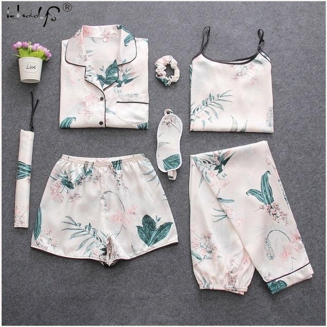 Amazing Sexy Spring Summer 7 Pieces Pajamas Sets - Women Silk Satin Pajama Soft Sleepwear (ZP1)(F90)