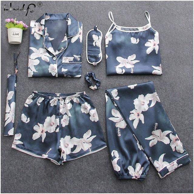 Amazing Sexy Spring Summer 7 Pieces Pajamas Sets - Women Silk Satin Pajama Soft Sleepwear (ZP1)(F90)