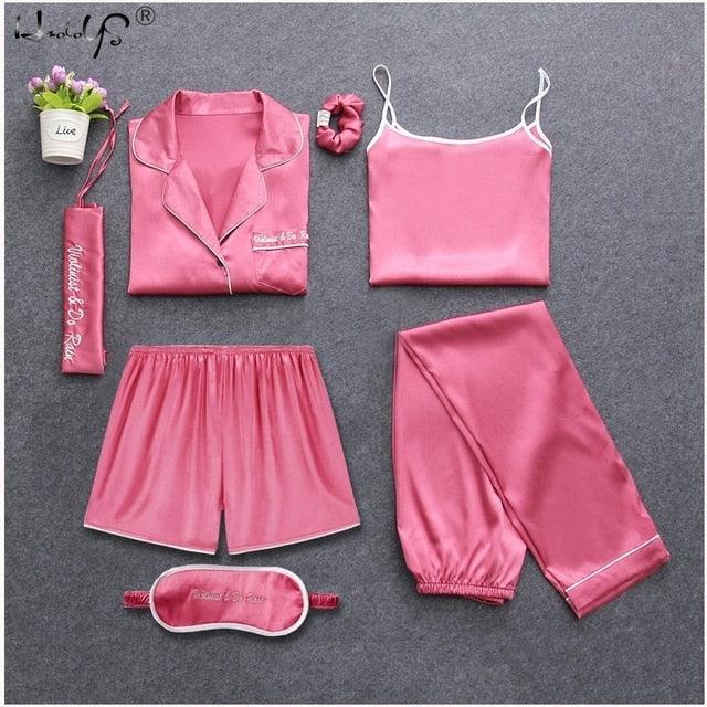 Amazing Sexy Spring Summer 7 Pieces Pajamas Sets - Women Silk Satin Pajama Soft Sleepwear (ZP1)(F90)