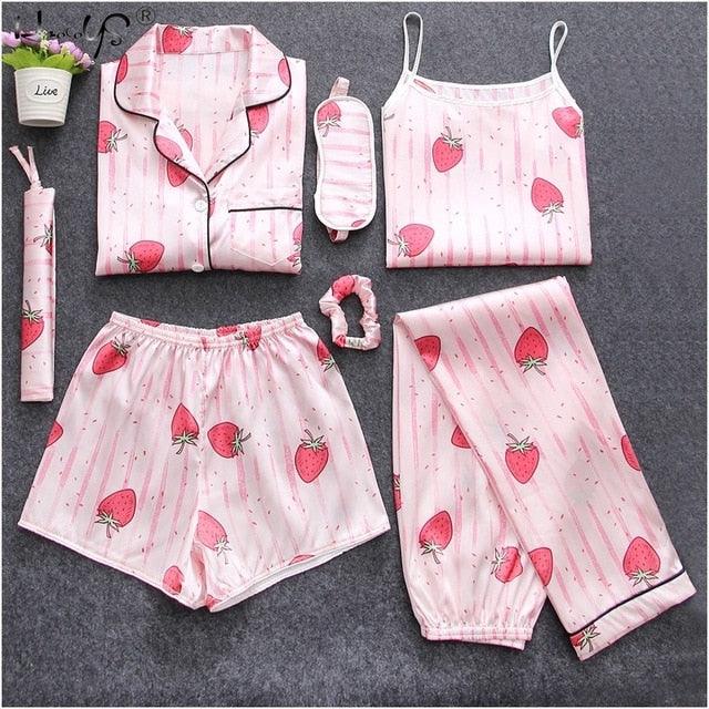 Amazing Sexy Spring Summer 7 Pieces Pajamas Sets - Women Silk Satin Pajama Soft Sleepwear (ZP1)(F90)