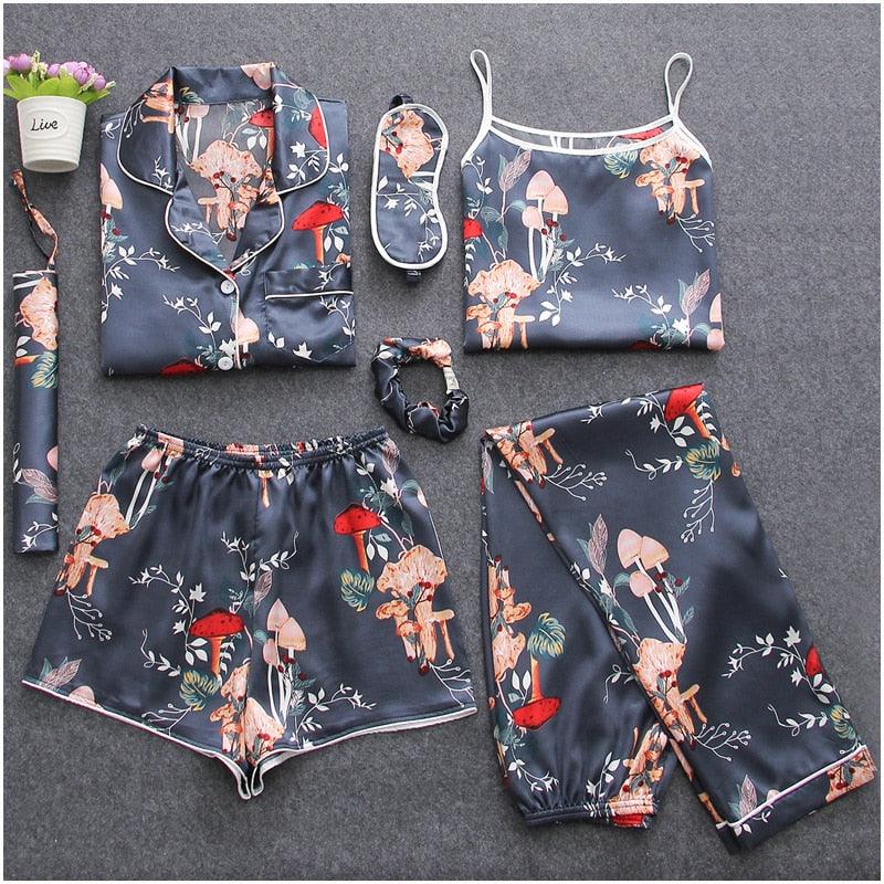 Amazing Sexy Spring Summer 7 Pieces Pajamas Sets - Women Silk Satin Pajama Soft Sleepwear (ZP1)(F90)