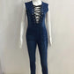 Gorgeous Sleeveless Bandage Women's Rompers - Blue Jeans Slim Jumpsuit - Sexy Hollow Overalls (TBL1)(F33)