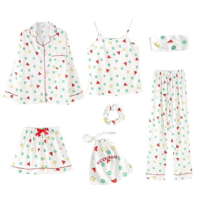 Hot Deal Women 7 Pieces Pajamas Sets - Stripe Printing Women's Sleepwear - Lovely Home Clothing (D90)(ZP1)