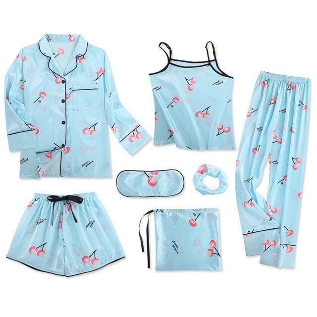 Hot Deal Women 7 Pieces Pajamas Sets - Stripe Printing Women's Sleepwear - Lovely Home Clothing (D90)(ZP1)