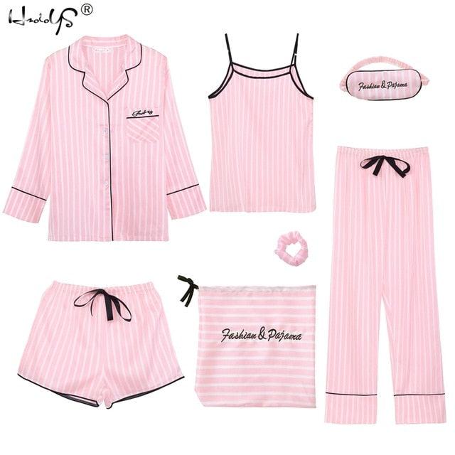 Hot Deal Women 7 Pieces Pajamas Sets - Stripe Printing Women's Sleepwear - Lovely Home Clothing (D90)(ZP1)
