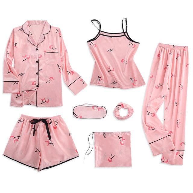 Hot Deal Women 7 Pieces Pajamas Sets - Stripe Printing Women's Sleepwear - Lovely Home Clothing (D90)(ZP1)