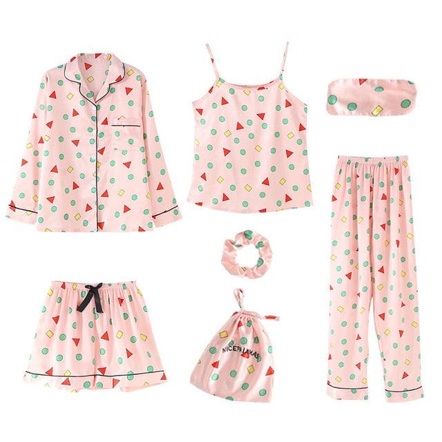 Hot Deal Women 7 Pieces Pajamas Sets - Stripe Printing Women's Sleepwear - Lovely Home Clothing (D90)(ZP1)