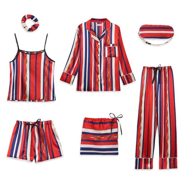 Hot Deal Women 7 Pieces Pajamas Sets - Stripe Printing Women's Sleepwear - Lovely Home Clothing (D90)(ZP1)