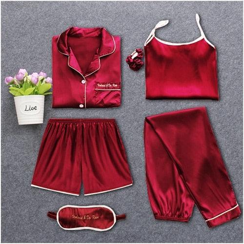 Hot Deal Women 7 Pieces Pajamas Sets - Stripe Printing Women's Sleepwear - Lovely Home Clothing (D90)(ZP1)