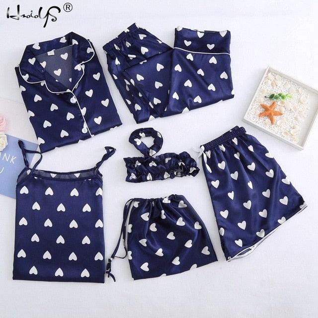 Hot Deal Women 7 Pieces Pajamas Sets - Stripe Printing Women's Sleepwear - Lovely Home Clothing (D90)(ZP1)