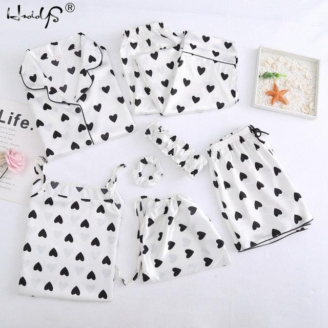 Hot Deal Women 7 Pieces Pajamas Sets - Stripe Printing Women's Sleepwear - Lovely Home Clothing (D90)(ZP1)