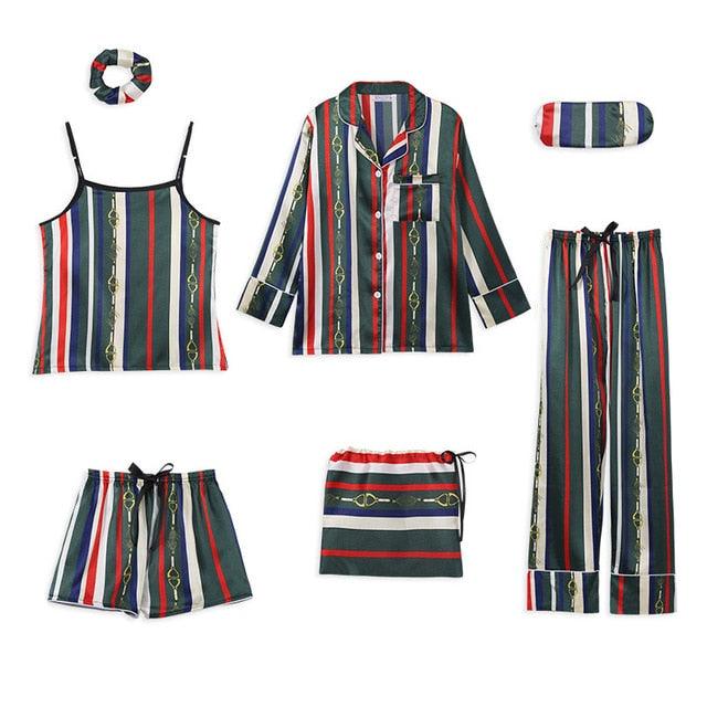 Hot Deal Women 7 Pieces Pajamas Sets - Stripe Printing Women's Sleepwear - Lovely Home Clothing (D90)(ZP1)