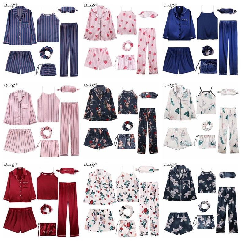 Hot Deal Women 7 Pieces Pajamas Sets - Stripe Printing Women's Sleepwear - Lovely Home Clothing (D90)(ZP1)