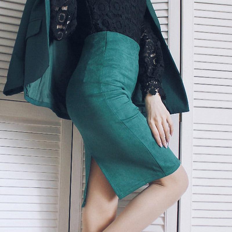Great Autumn Women Skirts - Ladies Faux Suede High Waist Pencil Skirt - Split Stretchy Sexy Skirts (2U22)(2U20)
