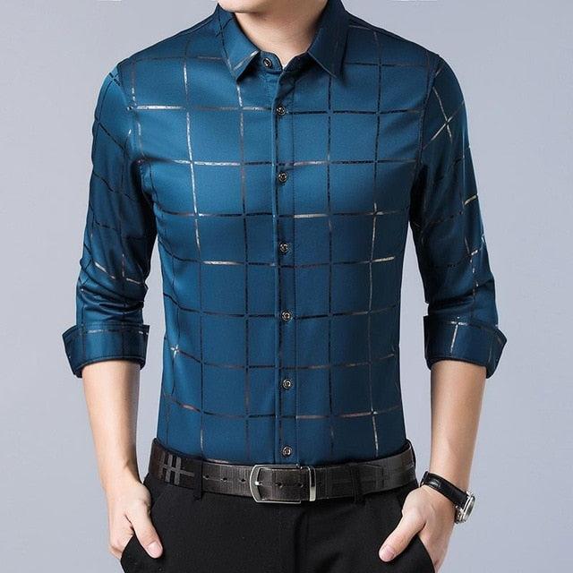 Elegant Casual Spring Luxury Plaid Long Sleeve Slim Fit Men Shirt - Streetwear Social Dress Shirts (TM1)(T2G)(CC1)