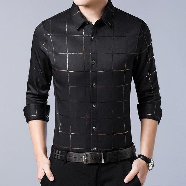 Elegant Casual Spring Luxury Plaid Long Sleeve Slim Fit Men Shirt - Streetwear Social Dress Shirts (TM1)(T2G)(CC1)