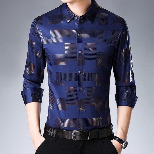 Casual Spring Luxury Plaid Long Sleeve Slim Fit Men Shirt - Streetwear Social Dress Shirts (TM1)(F8)(F10)