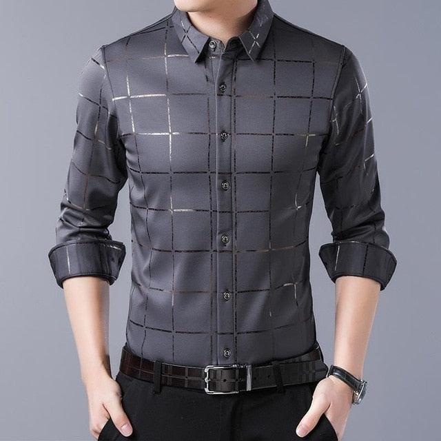 Elegant Casual Spring Luxury Plaid Long Sleeve Slim Fit Men Shirt - Streetwear Social Dress Shirts (TM1)(T2G)(CC1)