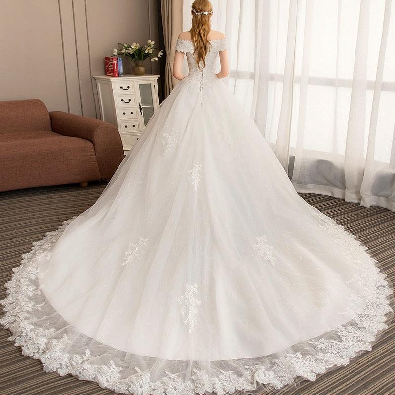 Luxury Lace Embroidery Boat Neck off Shoulder Wedding Dresses - Long Train Wedding Gown - Elegant Plus Size (WSO1)(F18)