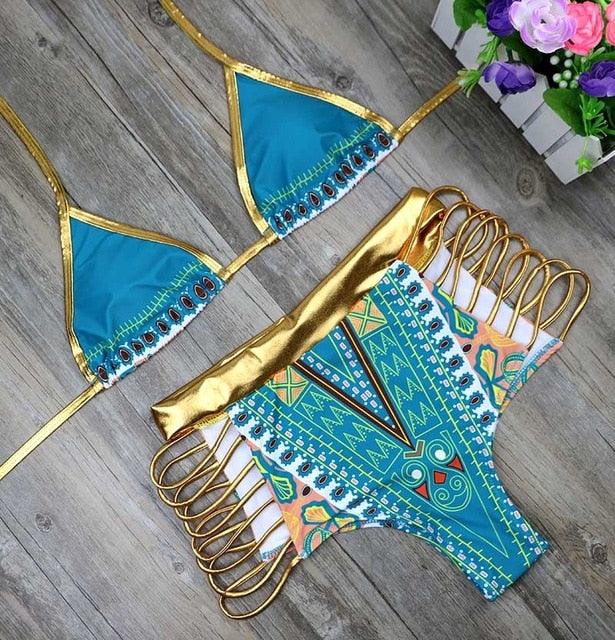 New African Print Two Pieces Bath Suits Bikini Set - Sexy Geometric Swimwear - Gold High Waist Swimming Suit (D26)(TB8D)