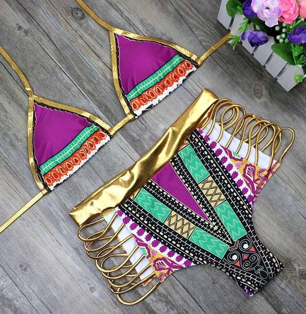 New African Print Two Pieces Bath Suits Bikini Set - Sexy Geometric Swimwear - Gold High Waist Swimming Suit (D26)(TB8D)
