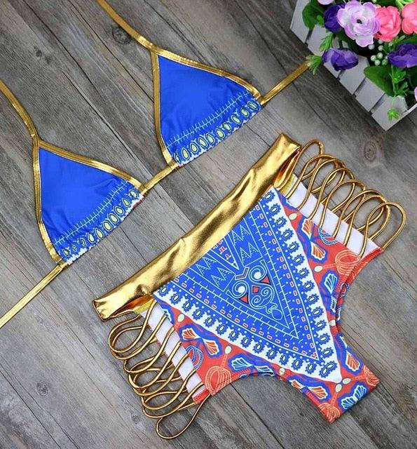New African Print Two Pieces Bath Suits Bikini Set - Sexy Geometric Swimwear - Gold High Waist Swimming Suit (D26)(TB8D)