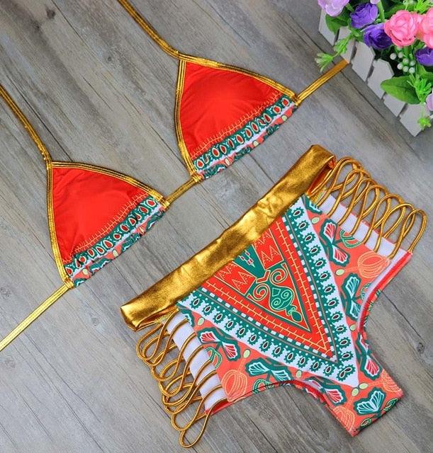 New African Print Two Pieces Bath Suits Bikini Set - Sexy Geometric Swimwear - Gold High Waist Swimming Suit (D26)(TB8D)