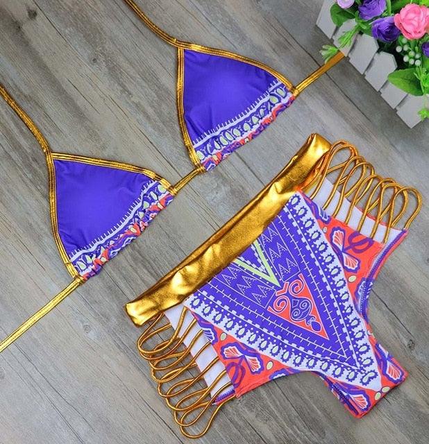 New African Print Two Pieces Bath Suits Bikini Set - Sexy Geometric Swimwear - Gold High Waist Swimming Suit (D26)(TB8D)