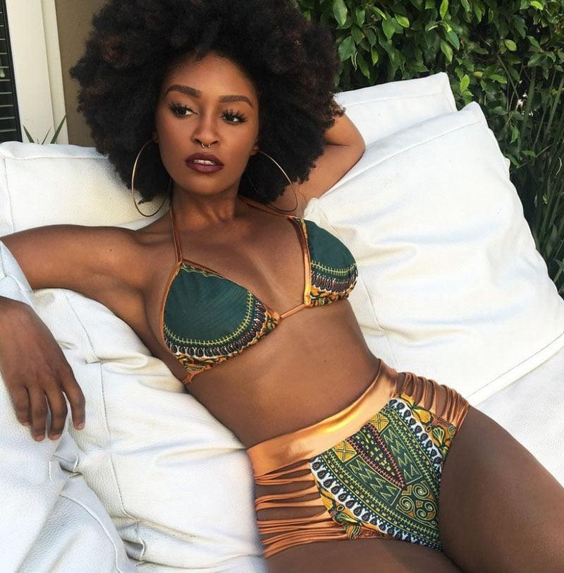 New African Print Two Pieces Bath Suits Bikini Set - Sexy Geometric Swimwear - Gold High Waist Swimming Suit (D26)(TB8D)