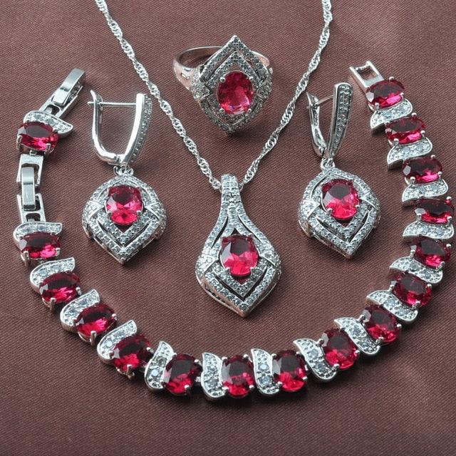 New Jewelry Sets - Women Wedding Costume Silver Color Red Zirconia Earrings Rings Bracelet Necklace Set (D81)(3JW)