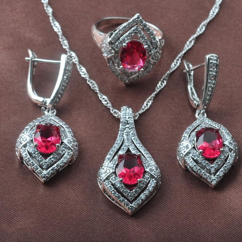 New Jewelry Sets - Women Wedding Costume Silver Color Red Zirconia Earrings Rings Bracelet Necklace Set (D81)(3JW)