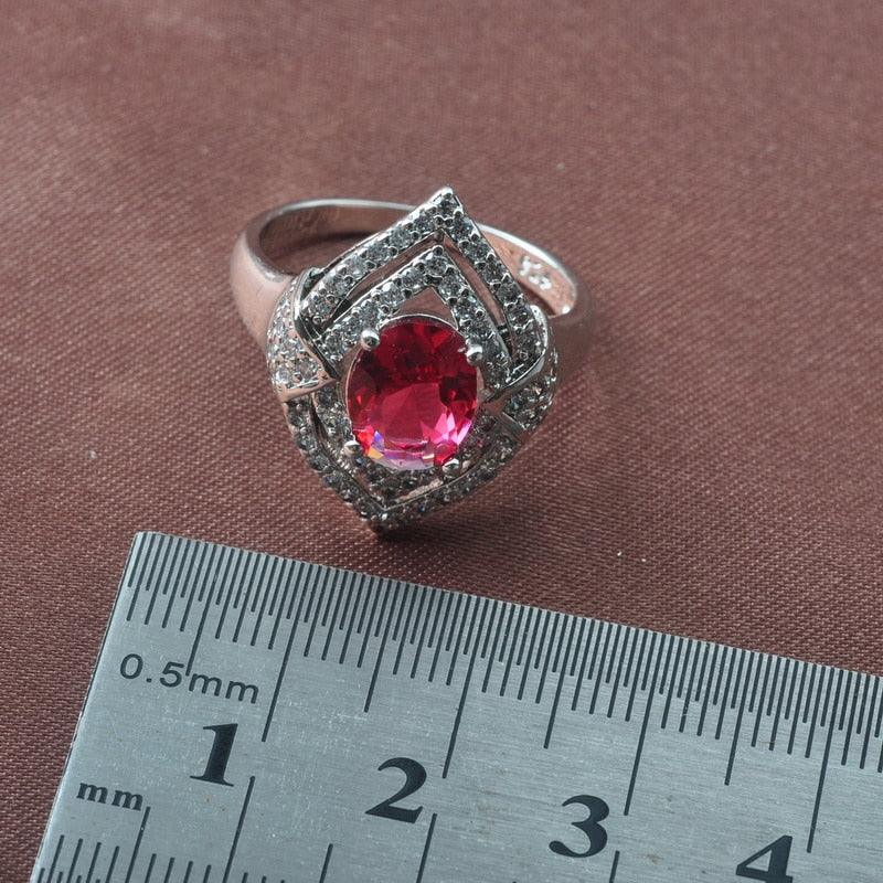 New Jewelry Sets - Women Wedding Costume Silver Color Red Zirconia Earrings Rings Bracelet Necklace Set (D81)(3JW)