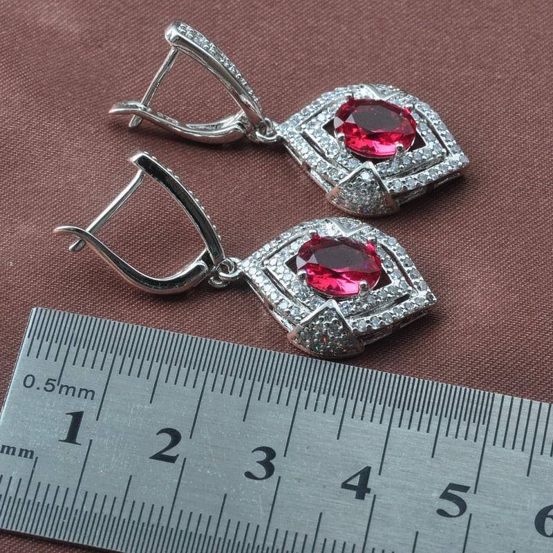 New Jewelry Sets - Women Wedding Costume Silver Color Red Zirconia Earrings Rings Bracelet Necklace Set (D81)(3JW)